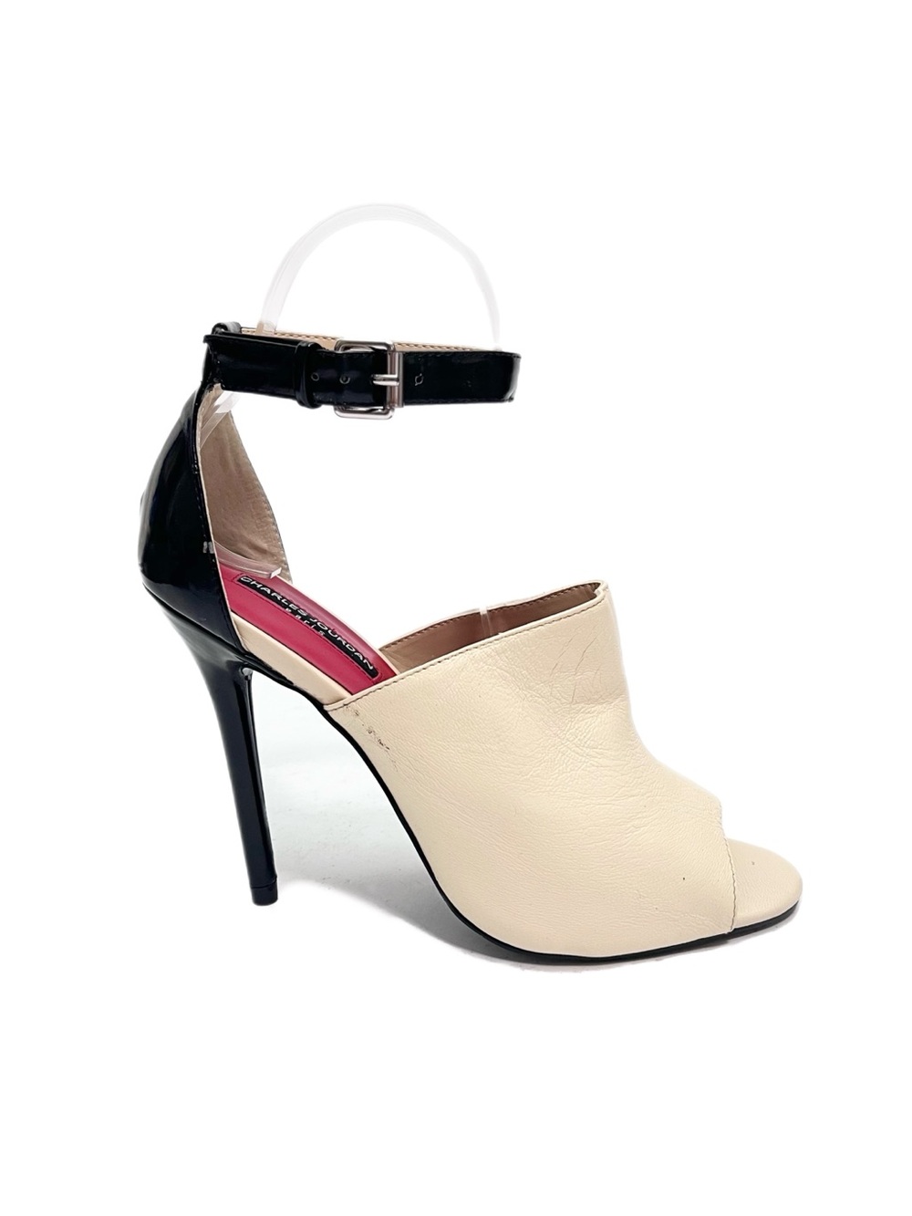 Vintage Y2K ivory and black patent leather ankle strap mule stiletto heels
